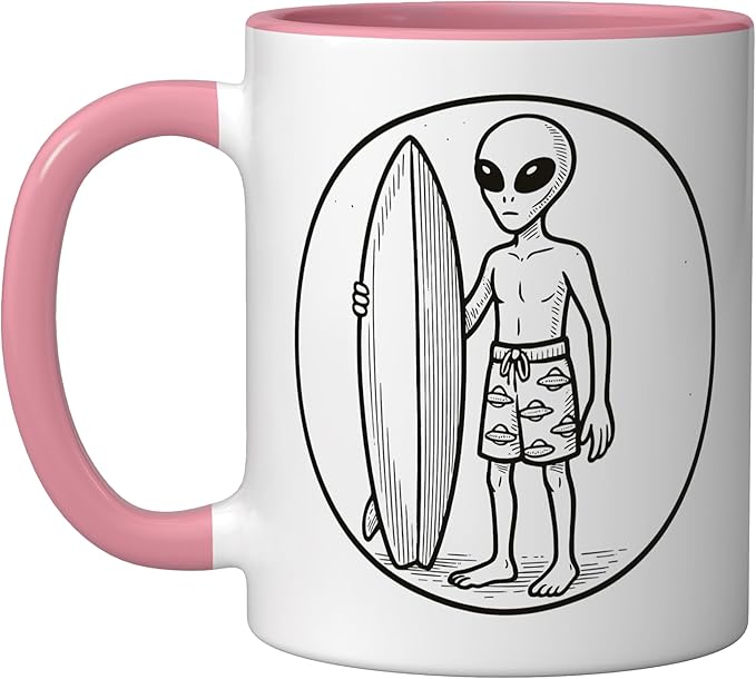 Alien with Surfboard Ceramic Mug, Pink/White