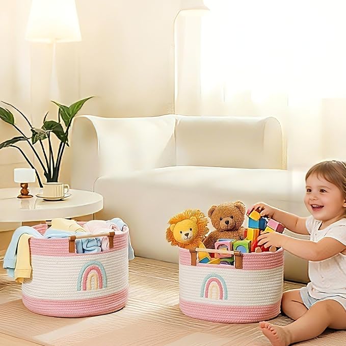 Large Blanket Basket Living Room 35L Baby Laundry Basket Toy Bin for Babies Toddlers Storage Baskets for Organizing Toys, Woven Cotton Rope Laundry Hamper for Nursery Storage Girls Gift Baskets Empty
