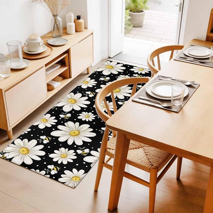Runner Rug for Bedroom Hallway, Watercolor White Floral Daisy Bee Kitchen Runner Rugs Area Rug 2x6ft, Blossom Flower on Black Washable Soft Floor Carpet for Entryway Stair