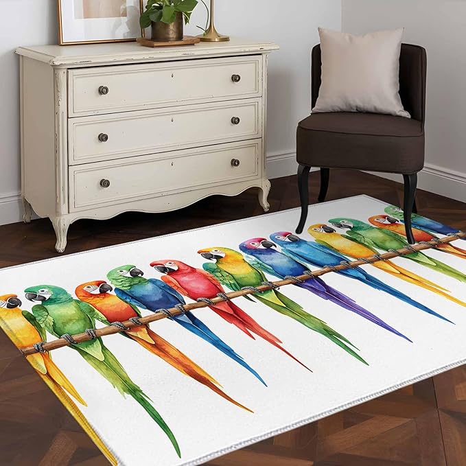 Area Rug 4x6ft, Funny Watercolor Parrot Washable Rugs for Living Room Bedroom, Red Green Blue Gradient Bird Soft Non-Slip Area Rugs Rectangle Floor Carpet for Dining Room