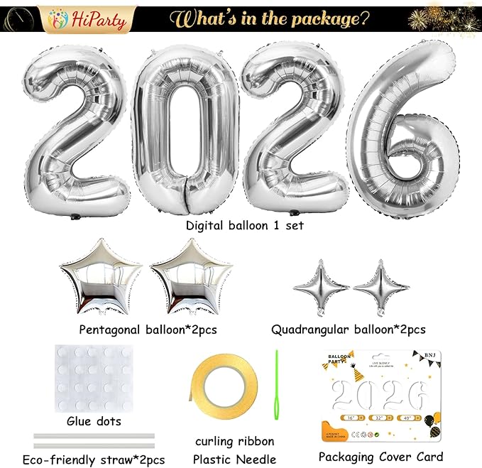 Upgraded, 42in Large 2026 Balloons Numbers, with 4pcs Star Balloon and Accessories, 3D Premium Aluminum Foil, Ideal Graduation Balloons for Graduation Decorations 2026, Grad Party Decorations, Silver