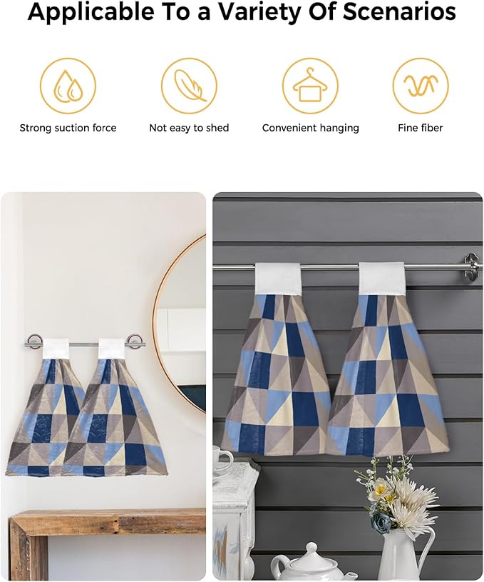 Alandar Home Kitchen Tie Towel Set of 2, Splicing Geometric Art Absorbent Soft Hand Towels for Bathroom Hanging Towels, Blue Grey Khaki Triangle and Square Fast Drying Cleaning Cloth with Loop