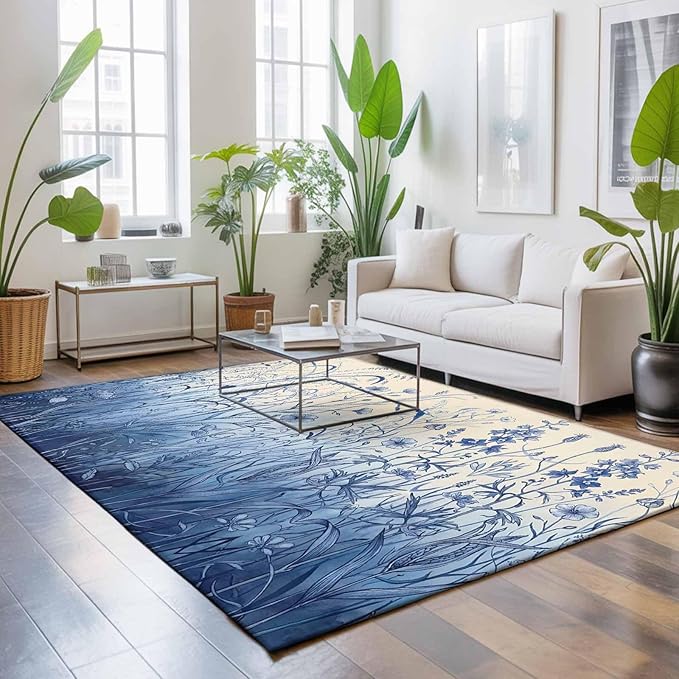 Area Rug 8x10ft, Vintage Boho Blue Wildflowers Meadow Washable Rugs for Living Room Bedroom, Abstract Flower Soft Non-Slip Area Rugs Rectangle Floor Carpet for Dining Room