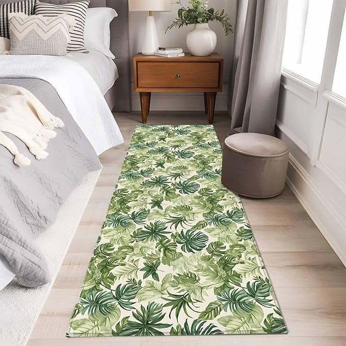 Runner Rug for Bedroom Hallway, Green Palm Leaf Watercolor Kitchen Runner Rugs Area Rug 2x6ft, Summer Tropical Leaves Washable Soft Floor Carpet for Entryway Stair