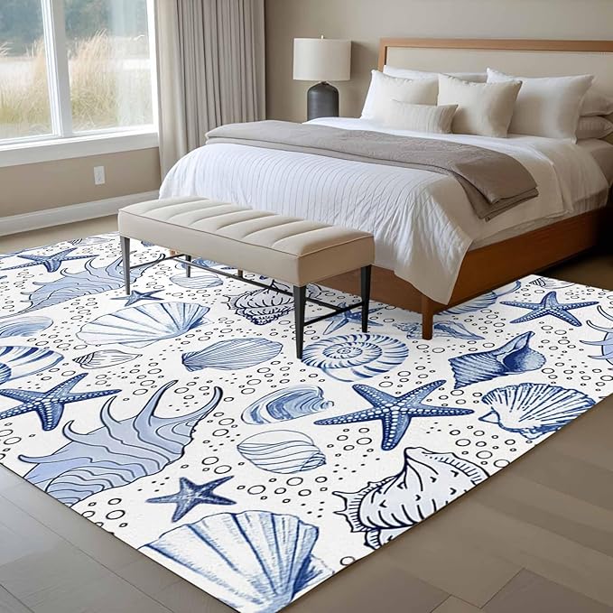 Area Rug 6x9ft, Navy Blue Starfish Conch Shell Seamless Washable Rugs for Living Room Bedroom, Summer Ocean Bubbles Soft Non-Slip Area Rugs Rectangle Floor Carpet for Dining Room