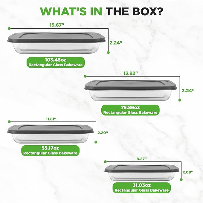 NutriChef 8-Piece Deep Glass Baking Dish for Oven with Lids - Casserole Dishes for Oven - Bakeware Sets for Lasagna, Meatloaf, Leftovers, Cooking, & Dishwasher Safe -Gray