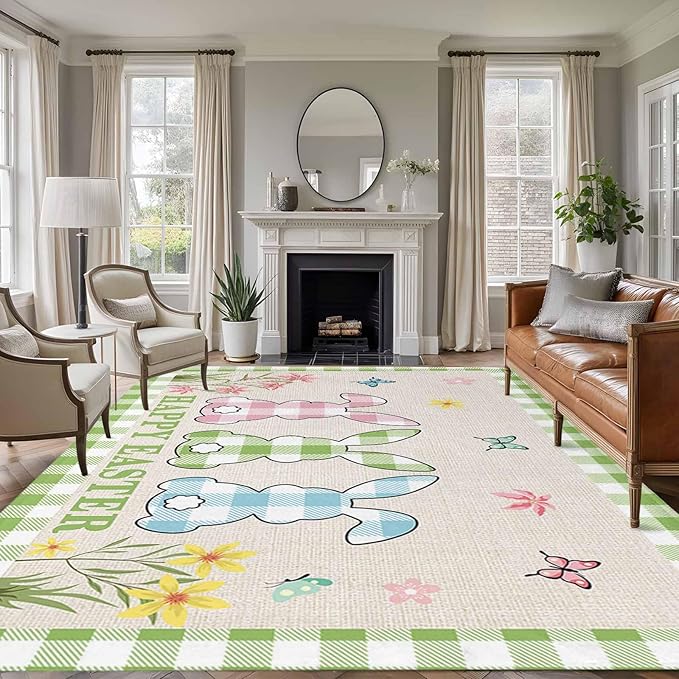Area Rug 6x9ft, Happy Easter Bunny Shadow Flowers Washable Rugs for Living Room Bedroom, Retro Linen Cotton and Grid Soft Non-Slip Area Rugs Rectangle Floor Carpet for Dining Room