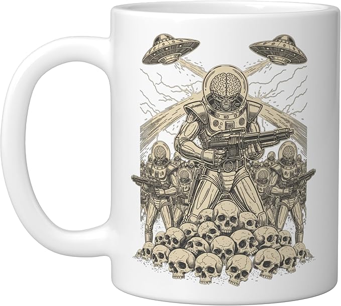 Alien Brain Soldier Retro Sci Fi Saucer Art Ceramic Mug, White