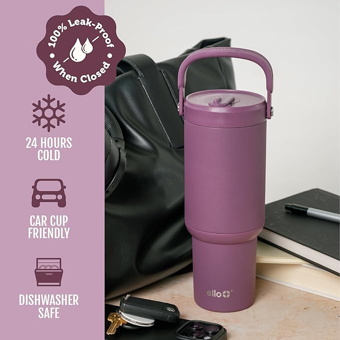 Ello Oasis Go+ 32oz Tumbler with Top Handle and Retracting Straw | Reusable Insulated Stainless Steel Cup, 100% Leakproof Water Bottle, 24 Hours Cold, Cup Holder Friendly For Travel | Wild Rasberry