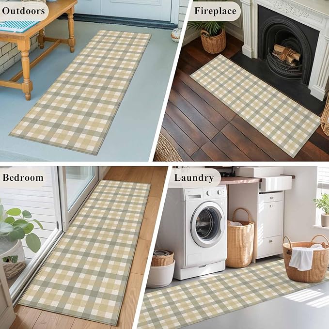 Runner Rug for Bedroom Hallway, Farmhouse Vintage Beige Tan Buffalo Plaid Kitchen Runner Rugs Area Rug 2x6ft, Rustic Linen Washable Soft Floor Carpet for Entryway Stair