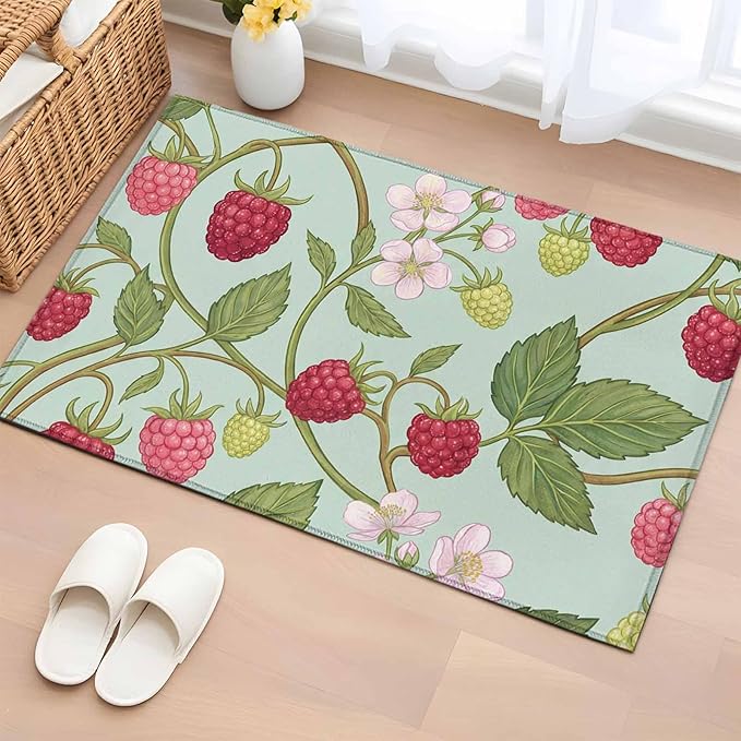 Area Rug 2x3ft, Farmhouse Berry Red Pink Blossoms Flower Washable Rugs for Living Room Bedroom, Green Leaves Soft Non-Slip Area Rugs Rectangle Floor Carpet for Dining Room