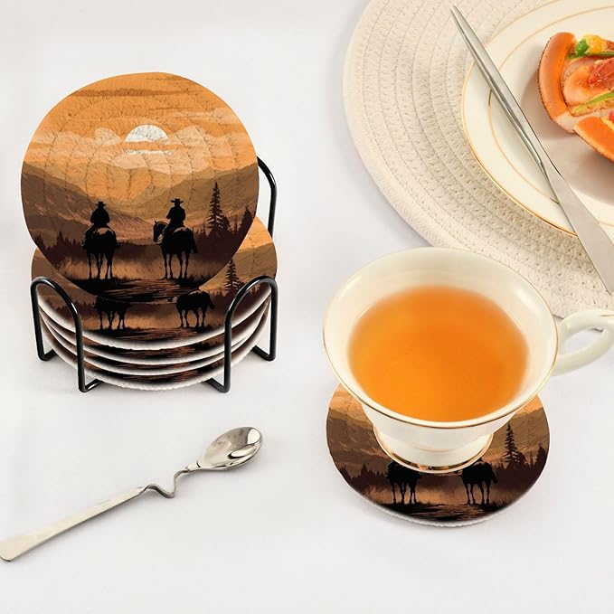 YETTASBIN Western Cowboy 6 Pcs Drink Coasters with Holder, Cotton Woven Absorbent Heat-Resistant Round Coaster Non-Slip Table Mat for Kitchen Bar Home Decor Housewarming Gift, 3.9 in
