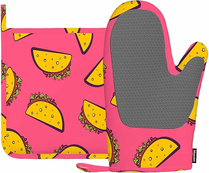 Mxocom Mexican Taco Silicone Oven Mitts and Pot Holders Sets Cute Cartoon on Pink Background BBQ Gloves for Kitchen,Cooking,Baking,Grilling