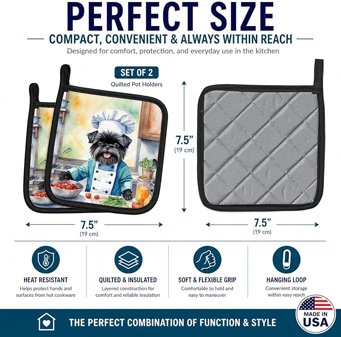 Caroline's Treasures Affenpinscher The Chef Pair of Pot Holders Kitchen Heat Resistant Pot Holders Sets Oven Hot Pads for Cooking Baking BBQ, 7 1/2 x 7 1/2