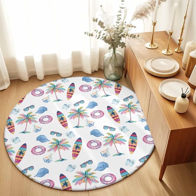Washable Round Area Rug Summer Surfboard Coconut Tree Circle Rugs Floor Carpet for Living Room Bedroom, Tropical Seamless Pattern Soft Non Slip Round Rug 5ft