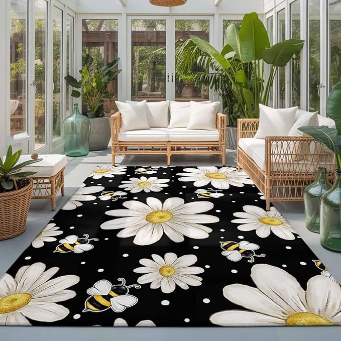 Area Rug 3x5ft, Watercolor White Floral Daisy Bee Washable Rugs for Living Room Bedroom, Blossom Flower on Black Soft Non-Slip Area Rugs Rectangle Floor Carpet for Dining Room