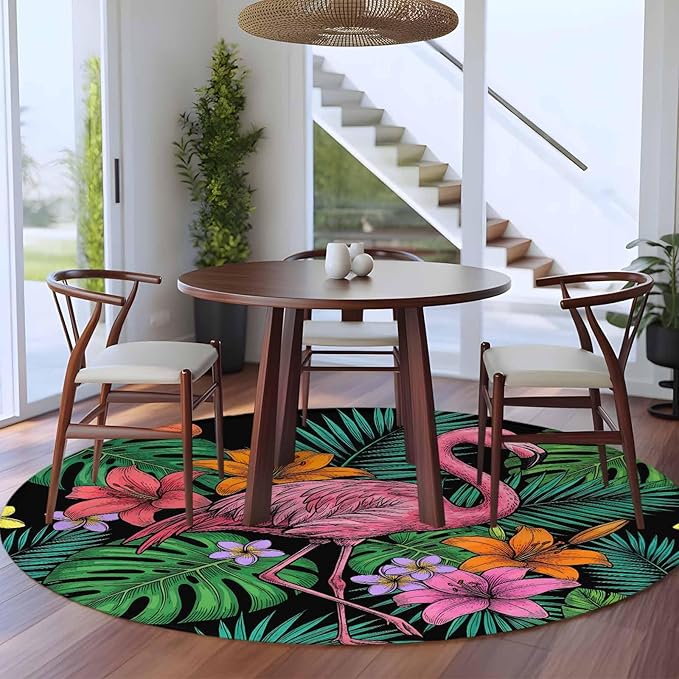 Washable Round Area Rug Pink Flamingos Tropical Leaf Circle Rugs Floor Carpet for Living Room Bedroom, Colorful Lily Blossom Floral Soft Non Slip Round Rug 5ft