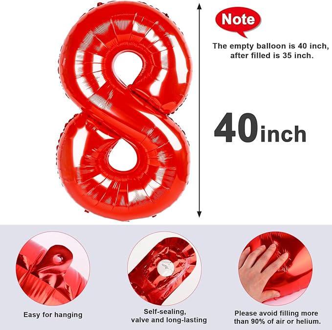 8 Balloons Numbers Birthday Decorations for Women Men, Number Balloons 40 In, Red Birthday Party Decorations Big Balloons for 18 28 48 Wedding, Celebration Party, Graduations