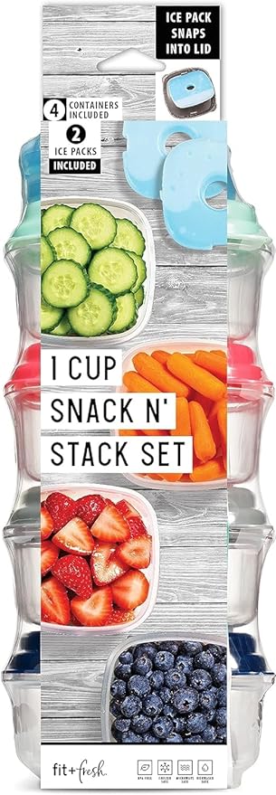 Fit & Fresh Small Plastic Containers With Lids 8 oz, Small Snack Containers With Lids For Adults and Kids, Reusable Leakproof Dressing and Condiment Containers With Two Attachable Ice Packs