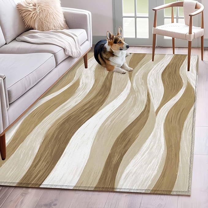 Area Rug 4x6ft, Modern Brown Ombre Ocean Wave Washable Rugs for Living Room Bedroom, Abstract Gradient Stripe Soft Non-Slip Area Rugs Rectangle Floor Carpet for Dining Room