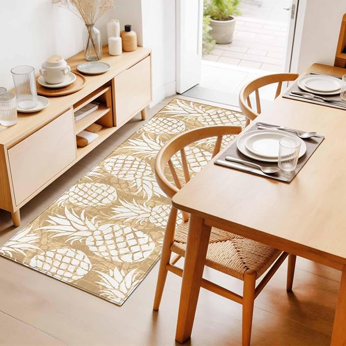 Runner Rug for Bedroom Hallway, Summer Fruit Pineapple Kitchen Runner Rugs Area Rug 2x6ft, Rustic Vintage Tropical Leaves Washable Soft Floor Carpet for Entryway Stair
