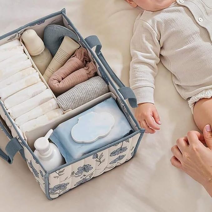 Quilted Fabric Storage Basket Floral Baby Diaper Caddy Quilted Basket for Nursery Bedroom Car Storage (L- Blue 02)