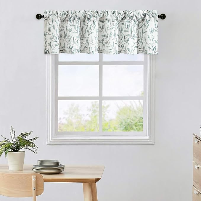 Leeva Linen Kitchen Valances for Kids Room & Porch - Energy Efficient Leaves Print Rod Pocket Small Drapes for Bedroom, 52 x 12, Blue, One Panel