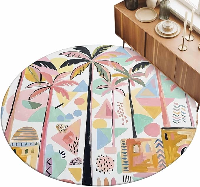 Washable Round Area Rug Boho Summer Artistic Palm Trees Circle Rugs Floor Carpet for Living Room Bedroom, Abstract Buildings Soft Non Slip Round Rug 3ft