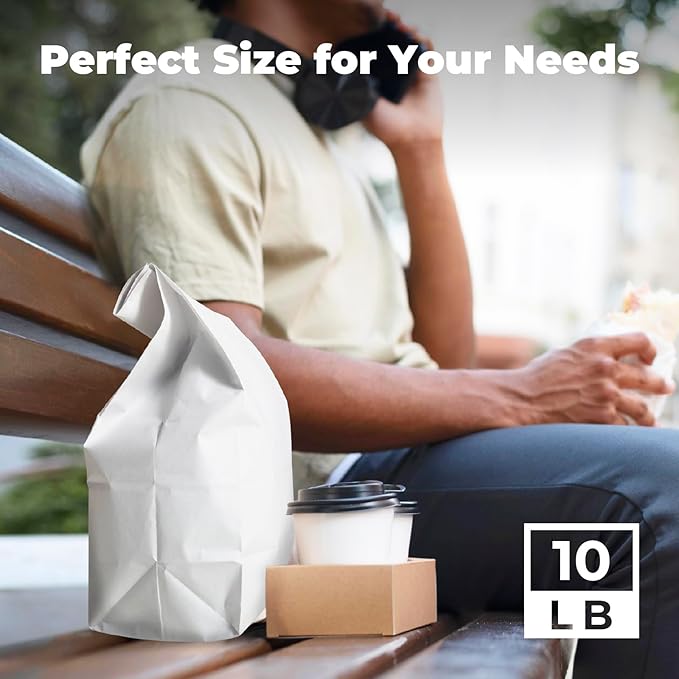 Fit Meal Prep 500 Pack 10 lb White Paper Lunch Bags, 13.2 x 6.3 x 4" Premium White Paper Bags Bulk for Small Business, Recyclable Snack Sacks, Durable Grocery Bag for Food Storage, Packing