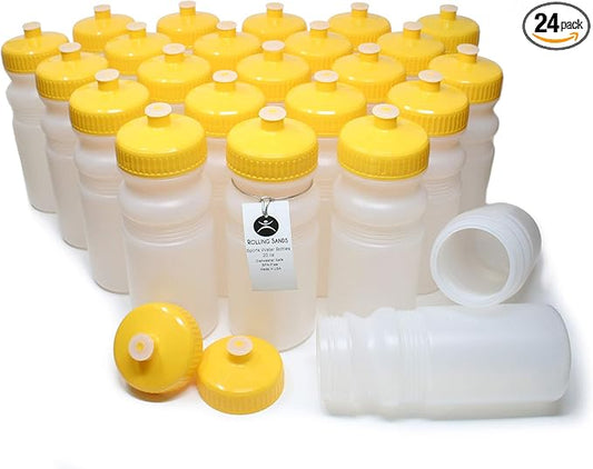 Rolling Sands Reusable Bulk Water Bottles 24 Pack - 20 Oz Sports Water Bottles, USA Made, BPA-Free, Wide Mouth for Easy Cleaning, Dishwasher Safe, Break Resistant - Clear Frost Bottle/Yellow Lid