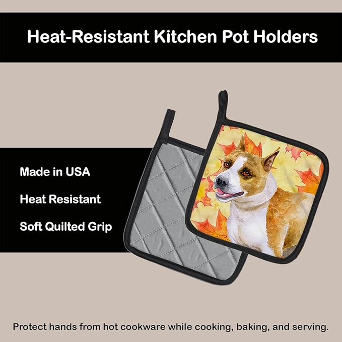 Caroline's Treasures BB9905PTHD American Staffordshire Fall Pair of Pot Holders, Yellow Kitchen Heat Resistant Pot Holders Sets Oven Hot Pads for Cooking Baking BBQ, 7 1/2 x 7 1/2