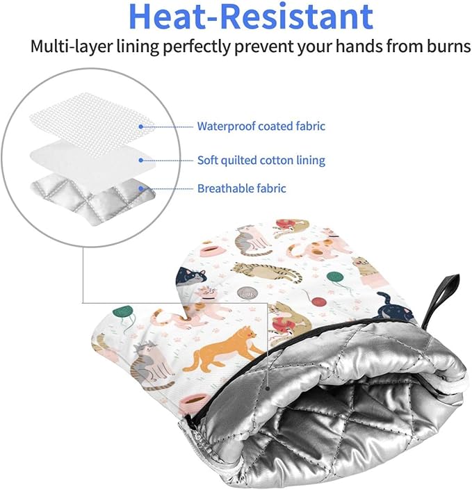 Cute Cat Design Oven Mitts of 2-Pack Set, Funny Kitchen Gloves Heat Resistant Non-Slip Kitchen Mitts Safe Cooking Baking Grilling