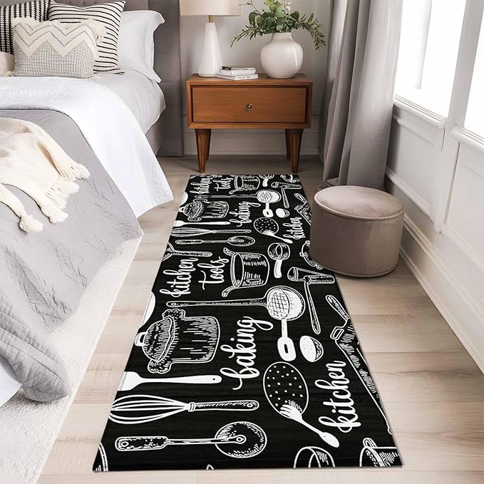 Black Kitchen Tools 2x6 Kitchen Runner Rug, Modern Cooking Utensil Non-Skid Rubber Backing Large Area Rugs - Living Room Bedroom Home Office, Farmhouse Cookware Indoor Floor Mat Carpets Washable Rug
