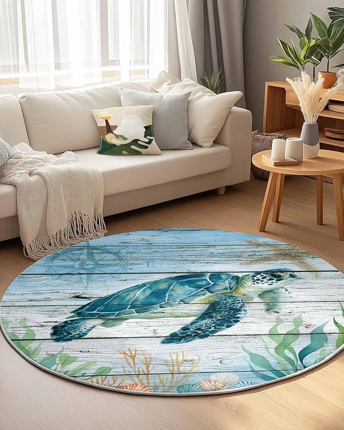 Round Area Rug,Sea Turtle Seagrass Starfish Circle Living Room Rug Non-Slip Rugs Indoor Carpet,Nautical Compass Blue Gradient Soft Comfort Rugs for Bedroom KidsRoom Nursery
