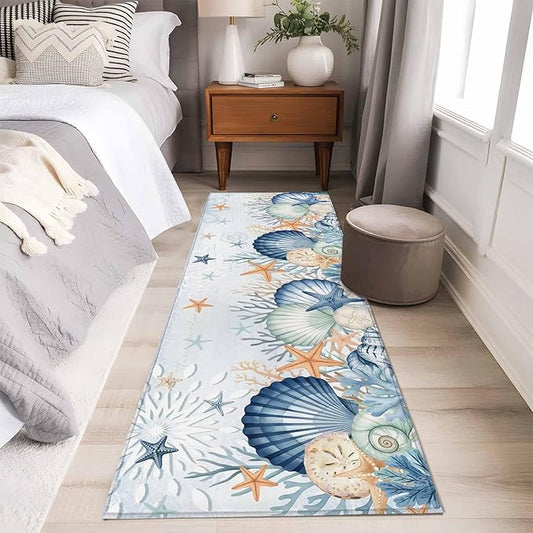 Runner Rug for Bedroom Hallway, Underwater Shells Starfish on Blue Kitchen Runner Rugs Area Rug 2x6ft, Colorful Coral Washable Soft Floor Carpet for Entryway Stair