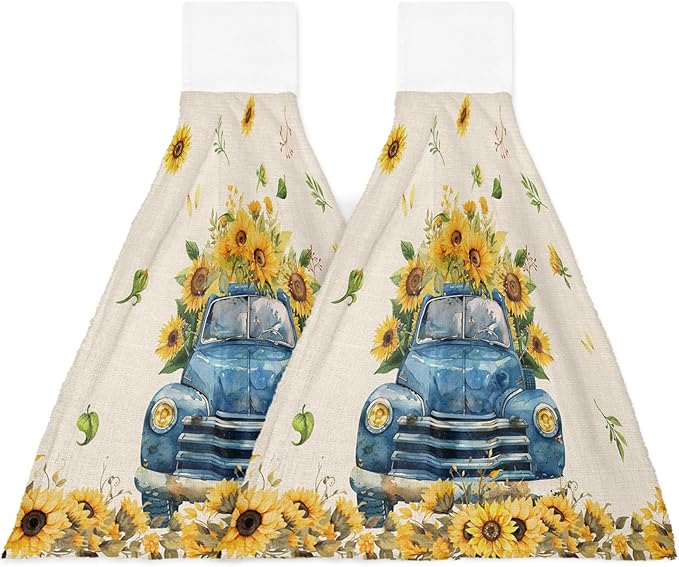 Alandar Home Kitchen Tie Towel Set of 2, Spring Farm Sunflower Blue Truck Absorbent Soft Hand Towels for Bathroom Hanging Towels, Blossom Floral on Linen Fast Drying Cleaning Cloth with Loop