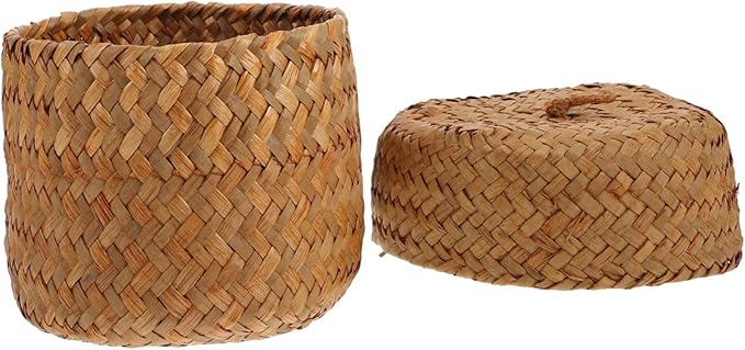 Cabilock 2pcs Handmade Woven Storage Basket Mini Seagrass Flower Packing Box for Sundries Home Decor and Gifting Attractive Natural Design for Organizing and Displaying