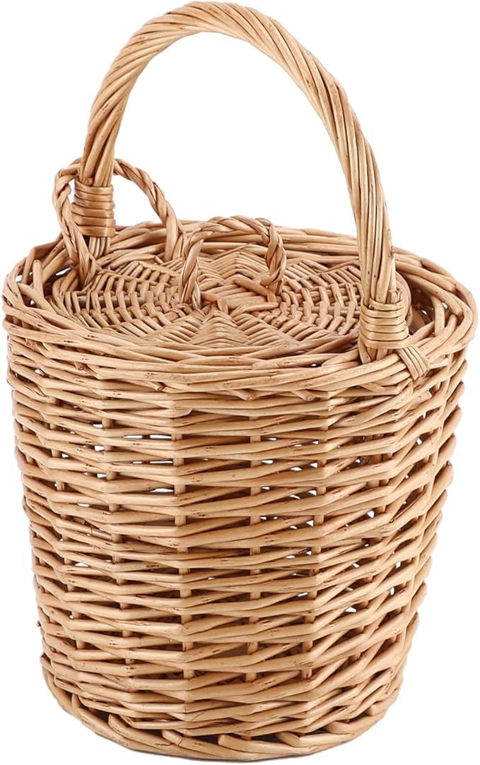 Small Wicker Basket, Round Storage Bin with Handle and Lid for Cell Phones Toys Sundries
