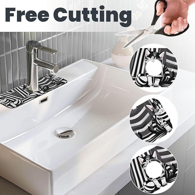 Black and White Striped Kitten Printed Faucet Absorbent mat, Suitable for bathrooms, Kitchens, and Other Sink Areas.