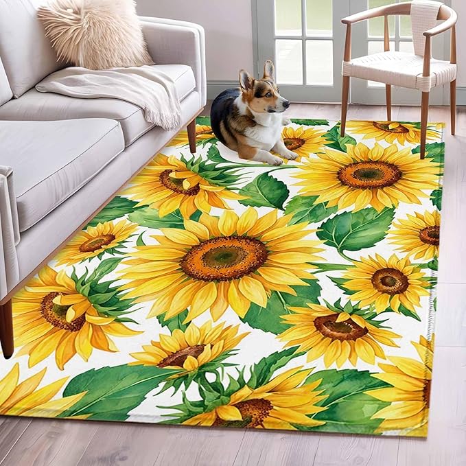 Area Rug 4x6ft, Summer Garden Sunflower Leaves Washable Rugs for Living Room Bedroom, Farm Blossom Floral Soft Non-Slip Area Rugs Rectangle Floor Carpet for Dining Room