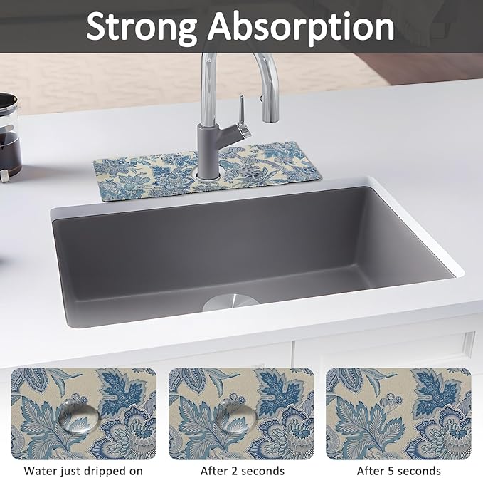 15" X 5.5" Kitchen Sink Splash Guard Faucet Mat Floral Super Absorbent Fast Drying Faucet Guard & Draining Mat Sink Splash Guard Behind Faucet for Kitchen, Bathroom