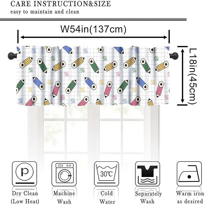 Colorful Pencil Valance Curtain, Back to School Cartoon Fun Crayon Study Painting Short Window Treatment for Kitchen Bedroom School Classroom, 54x18Inch