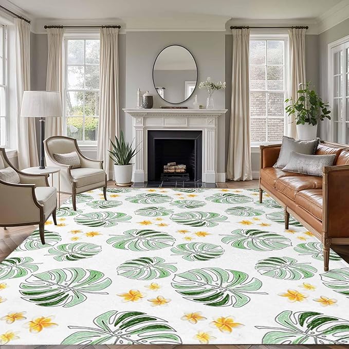 Area Rug 9x12ft, Summer Palm Leaves Pattern Washable Rugs for Living Room Bedroom Rectangle Floor Carpet, Scattered Starburst Flowers Soft Non-Slip Area Rugs for Dining Room