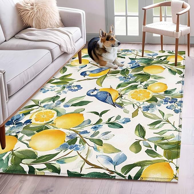 Area Rug 3x5ft, Pastoral Vintage Lemon Blue Bird Washable Rugs for Living Room Bedroom, Retro Yellow Fruit Flowers Soft Non-Slip Area Rugs Rectangle Floor Carpet for Dining Room