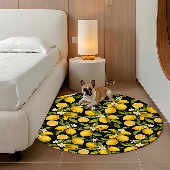 Washable Round Area Rug Summer Lemon Flower Circle Rugs Floor Carpet for Living Room Bedroom, Plant on Black Soft Non Slip Round Rug 5ft