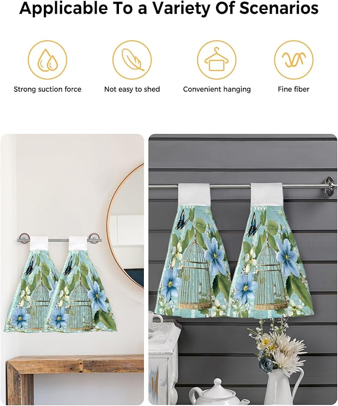 Alandar Home Kitchen Tie Towel Set of 1, Summer Flower Leaf Birdcage Absorbent Soft Hand Towels for Bathroom Hanging Towels, Retro Watercolor Butterfly Plant Fast Drying Cleaning Cloth with Loop