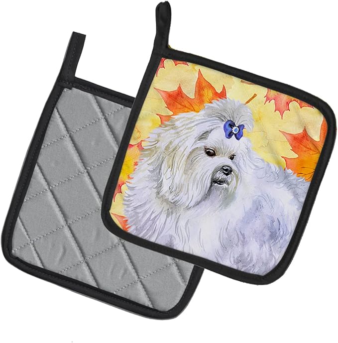 Caroline's Treasures BB9912PTHD Maltese Fall Pair of Pot Holders, Yellow Kitchen Heat Resistant Pot Holders Sets Oven Hot Pads for Cooking Baking BBQ, 7 1/2 x 7 1/2