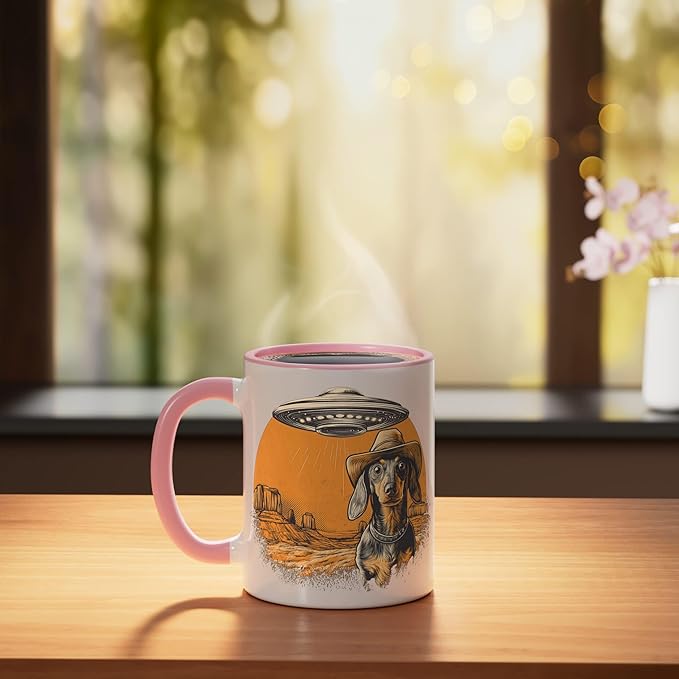 Retro Western UFO Dachshund Cowboy Alien Sci Fi Desert Ceramic Mug, Pink/White
