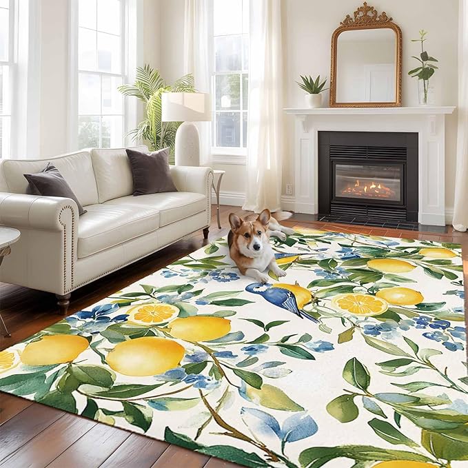 Area Rug 6x9ft, Pastoral Vintage Lemon Blue Bird Washable Rugs for Living Room Bedroom, Retro Yellow Fruit Flowers Soft Non-Slip Area Rugs Rectangle Floor Carpet for Dining Room