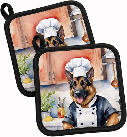 Caroline's Treasures German Shepherd The Chef Pair of Pot Holders Kitchen Heat Resistant Pot Holders Sets Oven Hot Pads for Cooking Baking BBQ, 7 1/2 x 7 1/2
